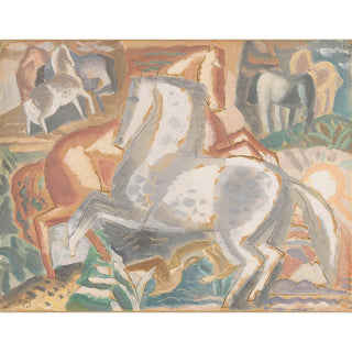 Vintage modernist painting of horses in a landscape in pastel colors by Leo Gestel