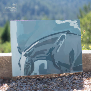 Original acrylic and resin painting of a an abtract blue horse, photographed in sunlight - front view