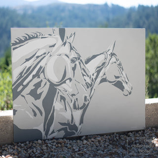 Original minimalist equestrian painting on canvas of three horses in motion, photographed in natural light - side view