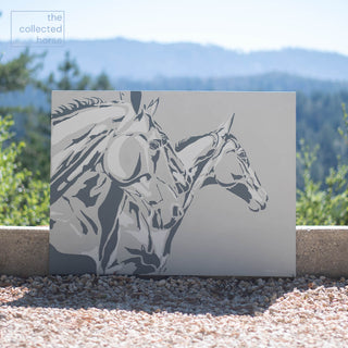 Original minimalist equestrian painting on canvas of three horses in motion, photographed in natural light - front view