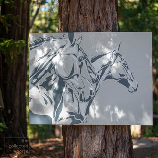 Original minimalist equestrian painting on canvas of three horses in motion, photographed in shade - front view