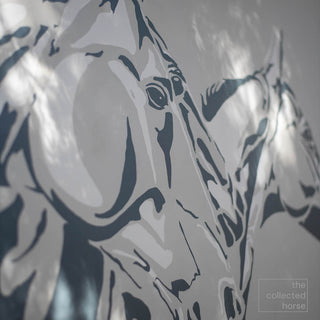 Original minimalist equestrian painting on canvas of three horses in motion, photographed in shade - detail view