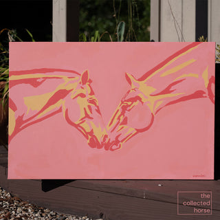 original equestrian painting of two horses in pink greeting eachother by california artist Sara Ceraldi