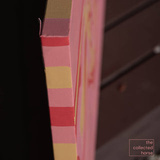 edge detail of original equestrian painting of two horses in pink greeting eachother by california artist Sara Ceraldi