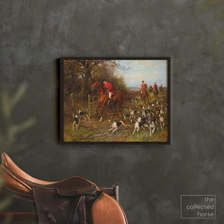 Vintage equestrian foxhunting art print by Heywood Hardy - canvas art print mockup with saddle