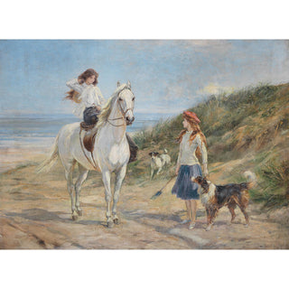 Vintage equestrian scene of two girls and a white horse on a beach by Heywood Hardy