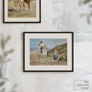 Vintage equestrian scene of two girls and a white horse on a beach by Heywood Hardy - wall art mockup