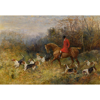 Vintage equestrian painting of a rider and his foxhounds in the woods by Heywood Hardy