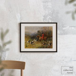 Vintage equestrian painting of a rider and his foxhounds in the woods by Heywood Hardy - wall art print mockup