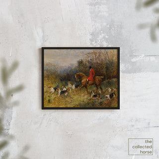 Vintage equestrian painting of a rider and his foxhounds in the woods by Heywood Hardy - canvas art print mockup