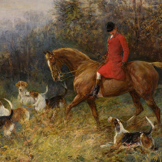 Vintage equestrian painting of a rider and his foxhounds in the woods by Heywood Hardy - rider detail