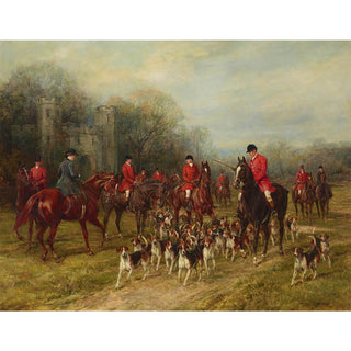 Vintage equestrian art print of a foxhunting scene with a castle in the background by Heywood Hardy