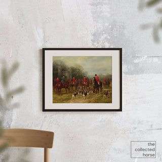 Vintage equestrian art print of a foxhunting scene with a castle in the background by Heywood Hardy - matted art print mockup