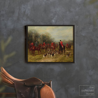 Vintage equestrian art print of a foxhunting scene with a castle in the background by Heywood Hardy - wall art mockup with saddle