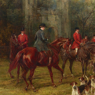 Vintage equestrian art print of a foxhunting scene with a castle in the background by Heywood Hardy - rider detail