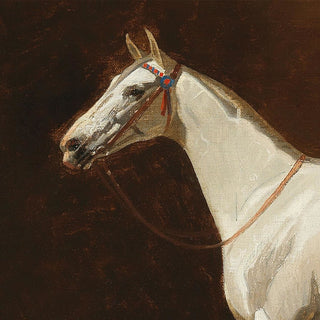 Vintage equestrian portrait of a gray mare in English tack by Emil Volkers - horse head detail