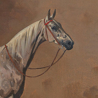 Vintage equestrian painting of a gray horse wearing English tack by Emil Volkers - horse head detail