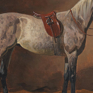 Vintage equestrian painting of a gray horse wearing English tack by Emil Volkers - saddle detail