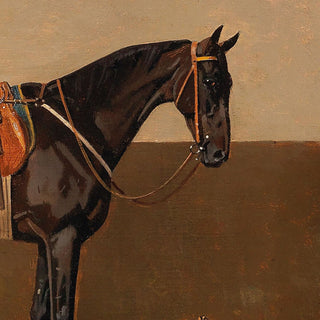 Vintage equestrian portrait of a dark bay horse wearing English tack with a dog friend by Emil Volkers - horse head detail