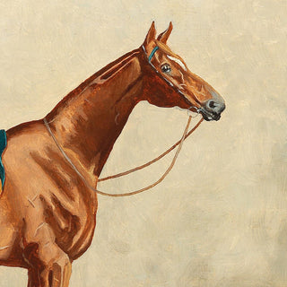 Vintage equestrian portrait of a chestnut mare wearing English tack by Emil Volkers - horse head detail