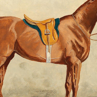 Vintage equestrian portrait of a chestnut mare wearing English tack by Emil Volkers - saddle detail