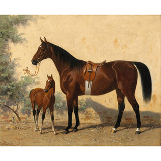 Vintage equestrian portrait of a dark bay mare with English tack and her foal or filly by Emil Volkers