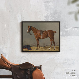 Vintage equestrian portrait of a chestnut horse in neutral colors by Emil Volkers - canvas wall art print mockup with saddle