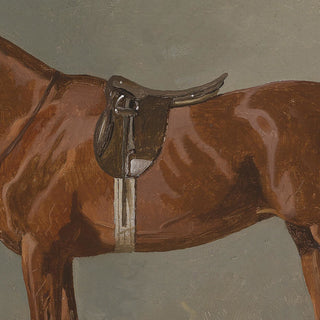 Vintage equestrian portrait of a chestnut horse in neutral colors by Emil Volkers - saddle detail